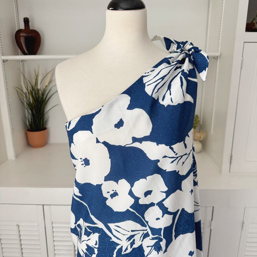 Vintage Cole of California Saks Blue White Floral One Shoulder Midi Dress S/M